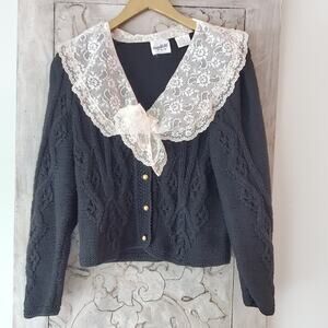 VTG Lace Collar Sweater Knight's Ltd 80s Black Cream Gold LN Cotton/Ramie S/M 36